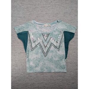 Miss Me Shirt Womens Small Blue Sequin Chevron Batwing Top Festival Boho Cowgirl